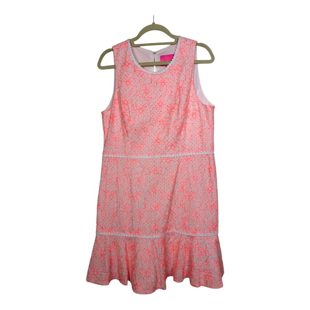 Lilly Pulitzer Ellen Flounce Dress Cantaloupe Embroidered Floral Ruffle Size 14